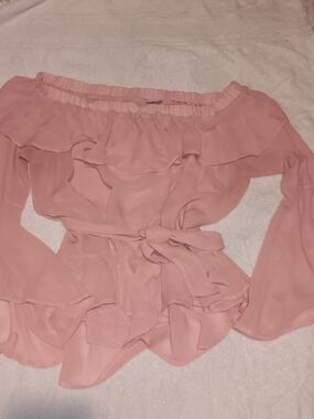 Impulsive 🎂 Women’s Off-Shoulder Ruffle Blouse with Self-Tie Waist - Pink